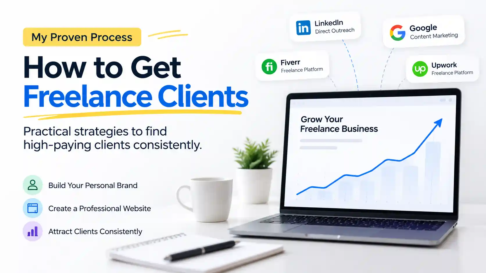 How to Get Freelance Clients a freelancer attracting clients through LinkedIn, content marketing, and a professional website.