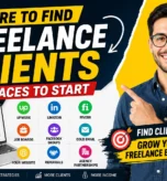 Infographic thumbnail showing 9 places to find freelance clients, including Upwork, LinkedIn, Fiverr, job boards, Facebook groups, cold email, websites, referrals, and agency partnerships.