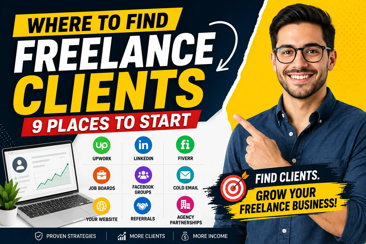 Infographic thumbnail showing 9 places to find freelance clients, including Upwork, LinkedIn, Fiverr, job boards, Facebook groups, cold email, websites, referrals, and agency partnerships.