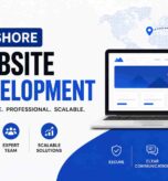 Offshore website development thumbnail featuring affordable, professional, and scalable web development services, laptop website design, expert development team, secure solutions, and ongoing support.