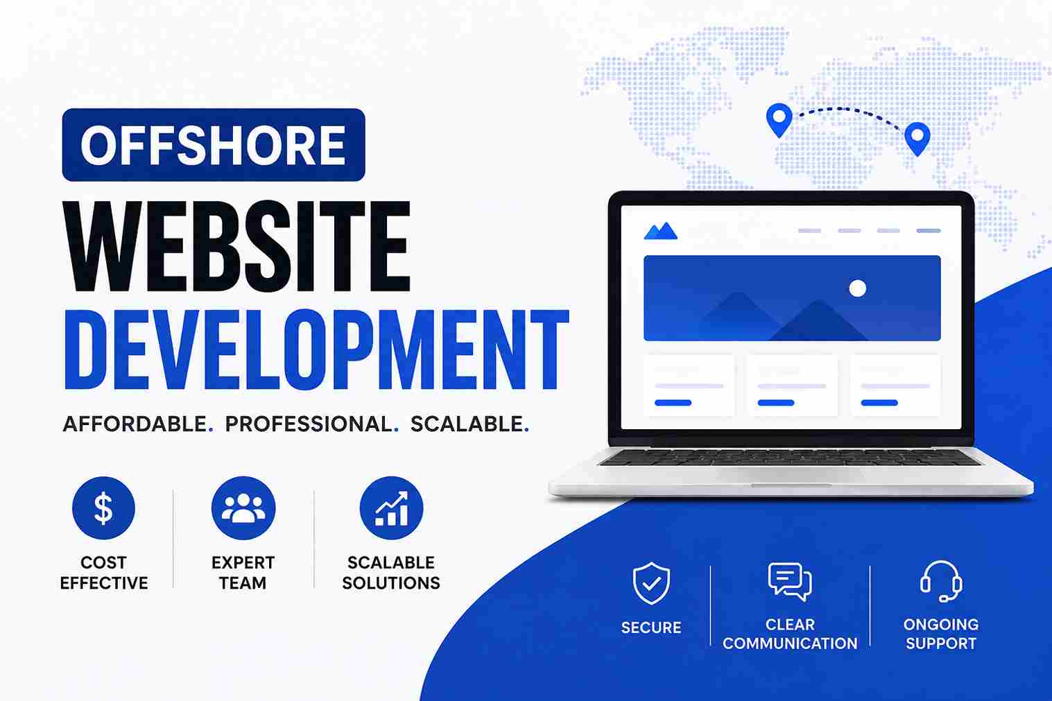 Offshore website development thumbnail featuring affordable, professional, and scalable web development services, laptop website design, expert development team, secure solutions, and ongoing support.